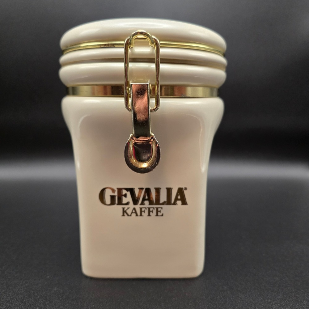 Gevalia Kaffe Ceramic Coffee Canister Cream Gold Airtight Jar Swedish Crest